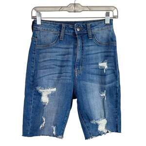 Fashion Nova Jean Denim Distressed Ripped Bermuda Biker Shorts Size 5